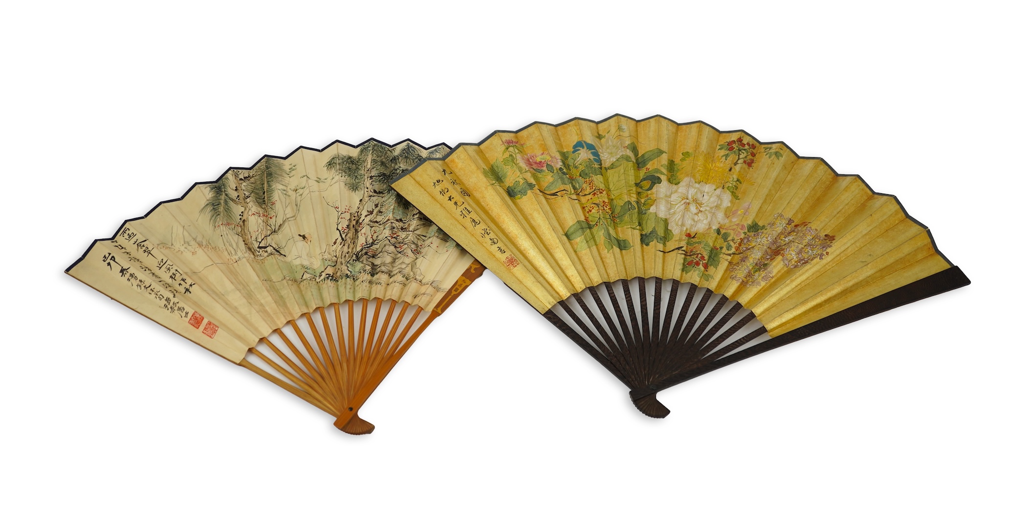 Two Chinese inscribed paper leaf fans, late 19th century